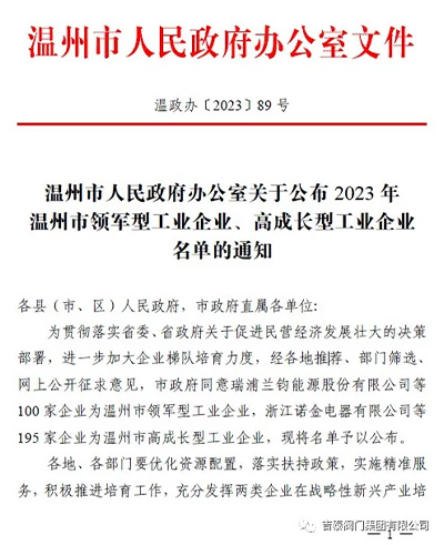 喜報(bào)：吉泰閥門集團(tuán)榮獲23年溫州市高成長型工業(yè)企業(yè)